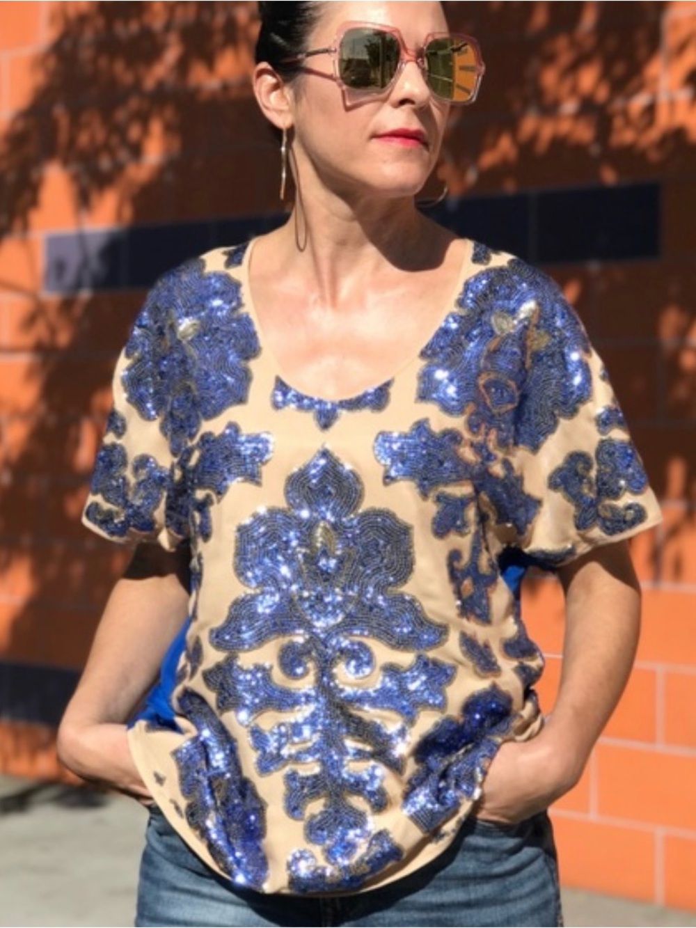 Embellished Sequin Floral Tee - Beige with Blue Sequins rare collaboration!
